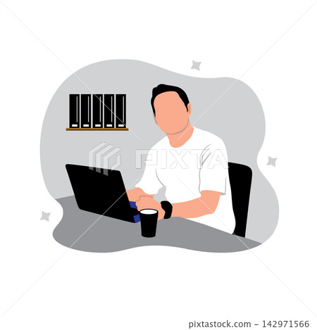 Man working on laptop and drinking coffee. Vector illustration in flat style Man working on laptop and drinking coffee. Vector illustration in flat style 142971566