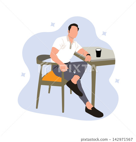 Man sitting at table and drinking coffee. Vector illustration in flat style Man sitting at table and drinking coffee. Vector illustration in flat style 142971567