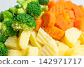 Steamed broccoli carrot and potato vegetable mix with colorful healthy texture 142971717