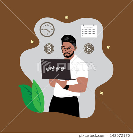 Businessman holding a laptop with business icons around him. Vector illustration. Businessman holding a laptop with business icons around him. Vector illustration. 142972170