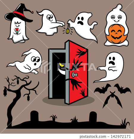 Halloween design elements. Vector illustration of a set of cartoon ghost characters. Halloween design elements. Vector illustration of a set of cartoon ghost characters. 142972171