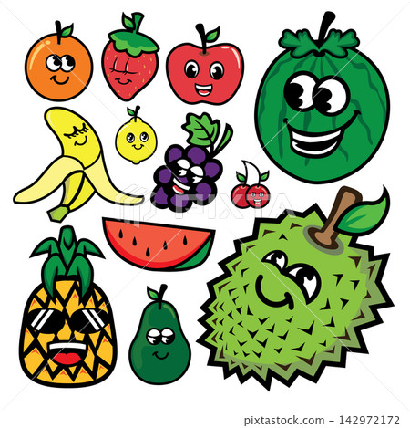 Fruits and vegetables doodle icons set, vector illustration. 142972172