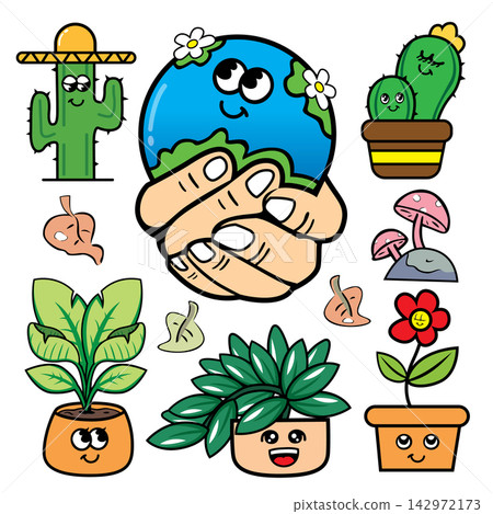 Cute cartoon earth with different plants and flowers. Vector illustration. Cute cartoon earth with different plants and flowers. Vector illustration. 142972173