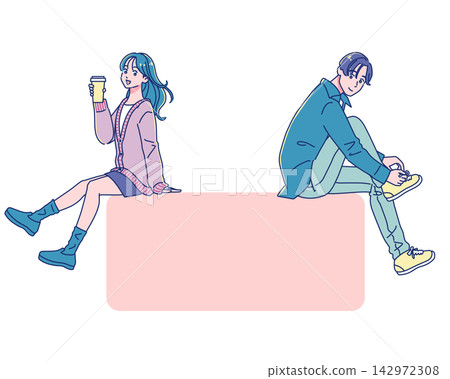 一對穿著休閒服的年輕男女背靠背坐著。 一對穿著休閒服的年輕男女背靠背坐著。 142972308