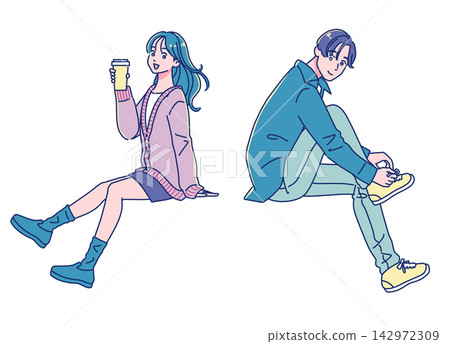 一對穿著休閒服的年輕男女背靠背坐著。 一對穿著休閒服的年輕男女背靠背坐著。 142972309