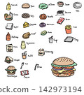 set of hamburger with ingredients and objects illustration vector sketch with black lines 142973194
