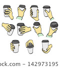 Hand holding a disposable coffee cup illustration vector sketch with black lines 142973195