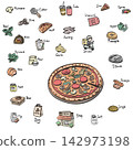 pizza and ingredien illustration vector sketch with black lines 142973198