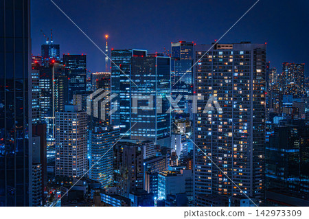 從高輪觀景台眺望東京的摩天大樓和夜景,包括東京晴空塔。 從高輪觀景台眺望東京的摩天大樓和夜景,包括東京晴空塔。 142973309