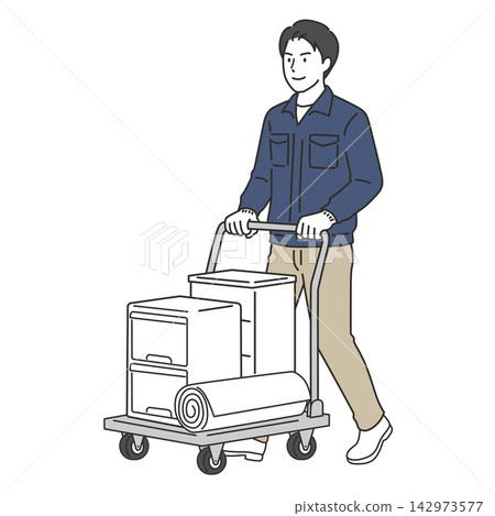 A full-body illustration of a male staff member in work clothes loading and transporting goods on a hand truck, likely for loading or moving. A full-body illustration of a male staff member in work clothes loading and transporting goods on a hand truck, likely for loading or moving. 142973577