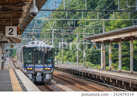 A local train bound for Nagahama, arriving at Omi-Shiotsu Station on the JR West Hokuriku Line, in Nagahama City, Shiga Prefecture. A local train bound for Nagahama, arriving at Omi-Shiotsu Station on the JR West Hokuriku Line, in Nagahama City, Shiga Prefecture. 142974314