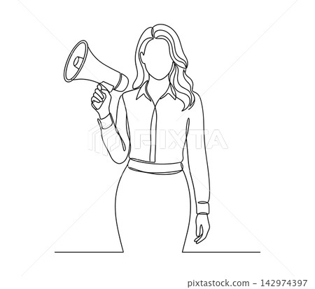 Continuous one line drawing of businesswoman holding megaphone for announcement or marketing isolated on white background Continuous one line drawing of businesswoman holding megaphone for announcement or marketing isolated on white background 142974397
