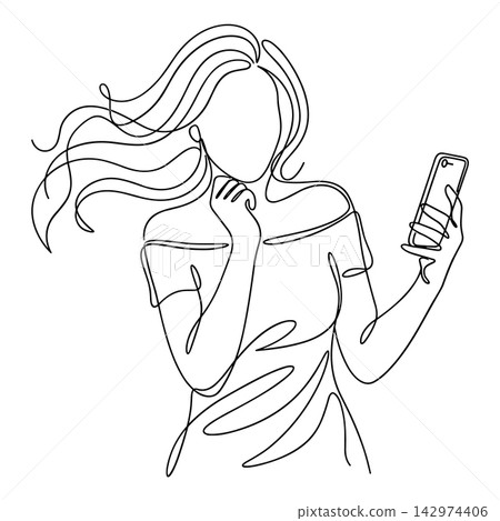 Continuous line drawing of a woman looking at her smartphone, isolated on white background Continuous line drawing of a woman looking at her smartphone, isolated on white background 142974406