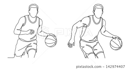 Continuous line drawing of basketball players dribbling the ball, isolated on white background Continuous line drawing of basketball players dribbling the ball, isolated on white background 142974407