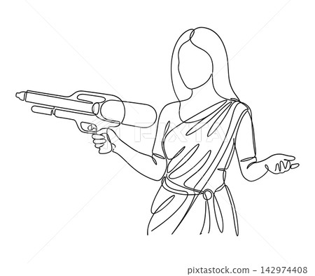 Continuous line drawing of a woman holding a water gun, isolated on white background Continuous line drawing of a woman holding a water gun, isolated on white background 142974408