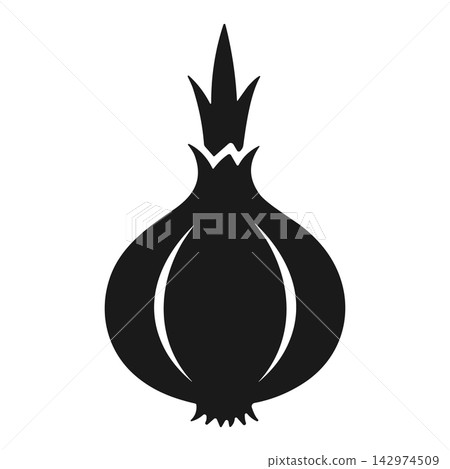 Black silhouette icon of a fresh onion bulb with green sprout isolated on white background Black silhouette icon of a fresh onion bulb with green sprout isolated on white background 142974509