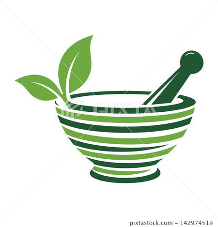 Green mortar and pestle icon with leaves for herbal medicine Green mortar and pestle icon with leaves for herbal medicine 142974519