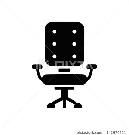 Office chair icon, black silhouette of a swivel chair with armrests and wheels, vector illustration for business and workspace design Office chair icon, black silhouette of a swivel chair with armrests and wheels, vector illustration for business and workspace design 142974521