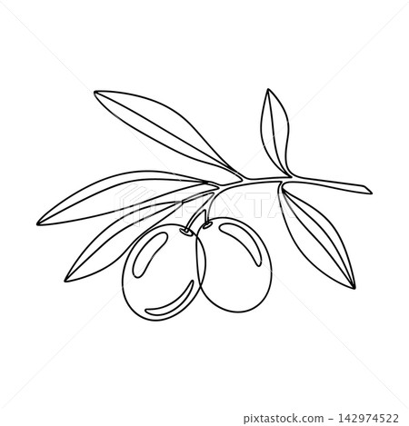 Olive branch with two olives, continuous line drawing, minimalist botanical illustration, black and white vector art 142974522
