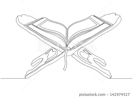 Continuous line drawing of an open quran on a wooden stand, a symbol of islamic faith and religious study, minimalist artistic design 142974527