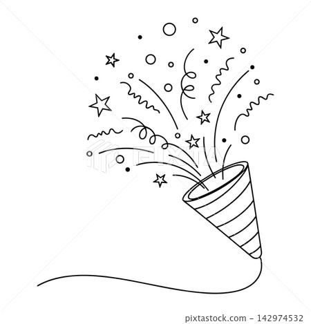 Party popper icon with confetti and stars, festive celebration element for birthdays or events, isolated on white background Party popper icon with confetti and stars, festive celebration element for birthdays or events, isolated on white background 142974532