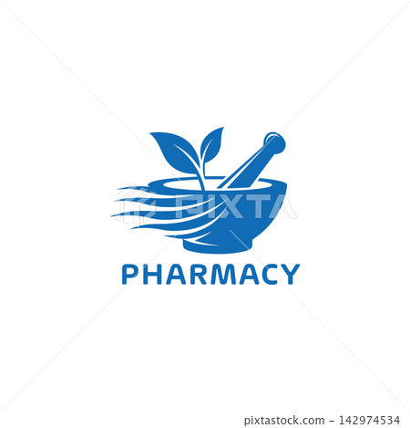 Pharmacy logo design with mortar and pestle and leaves icon isolated on white background Pharmacy logo design with mortar and pestle and leaves icon isolated on white background 142974534
