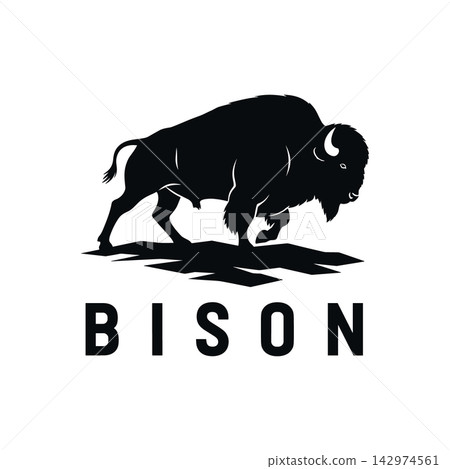 Black silhouette of a powerful bison standing on rocky ground with bold text label, isolated on white background Black silhouette of a powerful bison standing on rocky ground with bold text label, isolated on white background 142974561