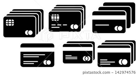 Set of credit card icons, stacks of payment cards, isolated on white background Set of credit card icons, stacks of payment cards, isolated on white background 142974576
