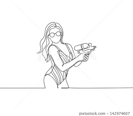 Continuous line drawing of a woman in a swimsuit holding a water gun Continuous line drawing of a woman in a swimsuit holding a water gun 142974607