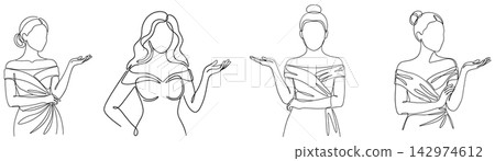 Set of continuous line drawings of women in elegant dresses presenting something Set of continuous line drawings of women in elegant dresses presenting something 142974612