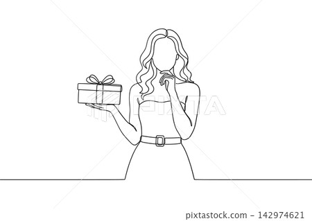 Continuous line drawing of a thoughtful woman holding a gift box, isolated on white background 142974621