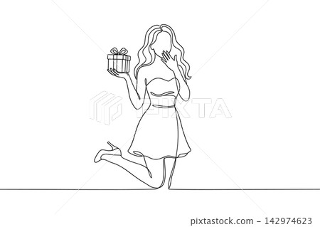 Continuous line drawing of a beautiful woman holding a gift box, isolated on white background 142974623
