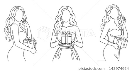 Set of continuous line drawings of women with gift boxes, isolated on white background Set of continuous line drawings of women with gift boxes, isolated on white background 142974624