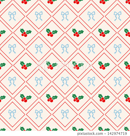 Festive Christmas seamless pattern with red holly berries and blue bows in a red grid Festive Christmas seamless pattern with red holly berries and blue bows in a red grid 142974719