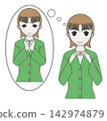 An illustration of a woman who hides her true feelings and puts on a fake smile. 142974879