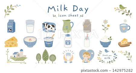 Hand-drawn icon set for Milk Day: milk, dairy cows, dairy products, and farms. Hand-drawn icon set for Milk Day: milk, dairy cows, dairy products, and farms. 142975282