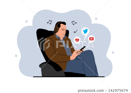 Vector illustration of a man listening to music with headphones Vector illustration of a man listening to music with headphones 142975674