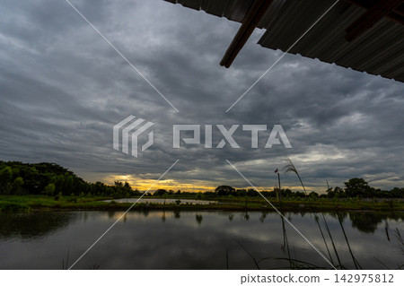 A view from the old hut tall grass beside the wide pond, and dark clouds at dusk 142975812