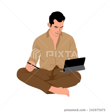 Man sitting on the floor and working with laptop. Vector illustration. Man sitting on the floor and working with laptop. Vector illustration. 142975873