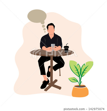 Man sitting at the table and using smartphone. Vector illustration in flat style Man sitting at the table and using smartphone. Vector illustration in flat style 142975874