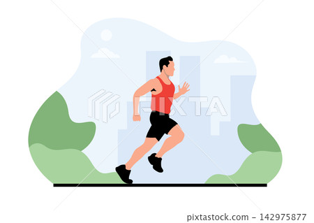 Running man jogging in city park flat vector illustration. Healthy lifestyle. Running man jogging in city park flat vector illustration. Healthy lifestyle. 142975877