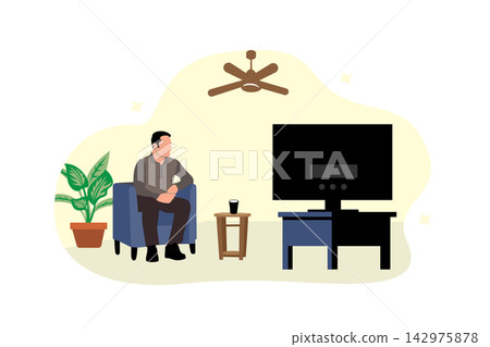 Man sitting at home and watching tv. Flat style vector illustration. Man sitting at home and watching tv. Flat style vector illustration. 142975878