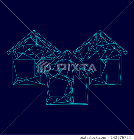 Three house low poly triangulation triangulated polygonal electric cyan blue vibrant aqua neon color vector illustration image outline contour line Three house low poly triangulation triangulated polygonal electric cyan blue vibrant aqua neon color vector illustration image outline contour line 142976733