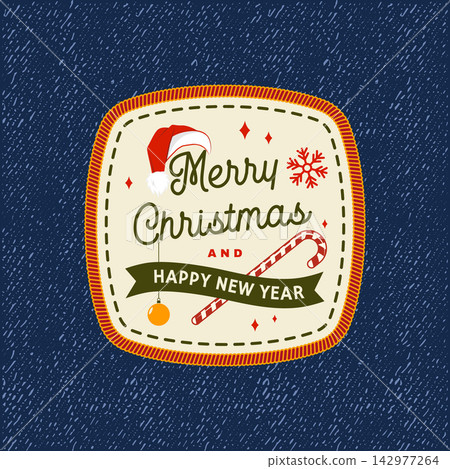 Vintage Merry Christmas and Happy New Year Badge with Santa Hat, Candy Cane, Snowflakes and Festive Typography, Retro Holiday Emblem Design for Seasonal Cards, Apparel, Stickers and Prints 142977264
