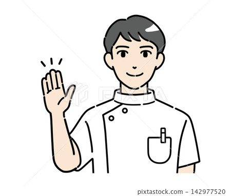 一幅年輕的男性醫護人員舉手引導病人的插圖。 一幅年輕的男性醫護人員舉手引導病人的插圖。 142977520