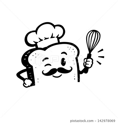 Funny Bread Chef Character with Whisk Vector 142978069