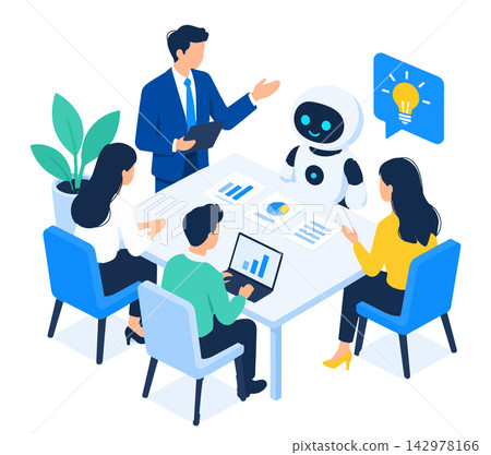 人工智慧與辦公室工作人員開會的等距向量圖。 人工智慧與辦公室工作人員開會的等距向量圖。 142978166