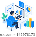 Illustration of a man working in data analysis (isometric vector). 142978173