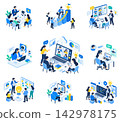 Isometric 9-Piece Set: Image Illustrations of People Having a Meeting While Working Remotely (DX Vector) 142978175
