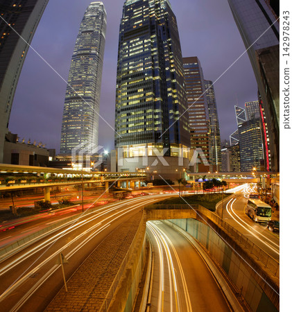 Hong Kong City Skyline at Night with Light Trails Hong Kong City Skyline at Night with Light Trails 142978243